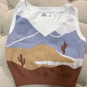 Hollister Desert Scene V-Neck Sweater Vest - White, Blue, Brown